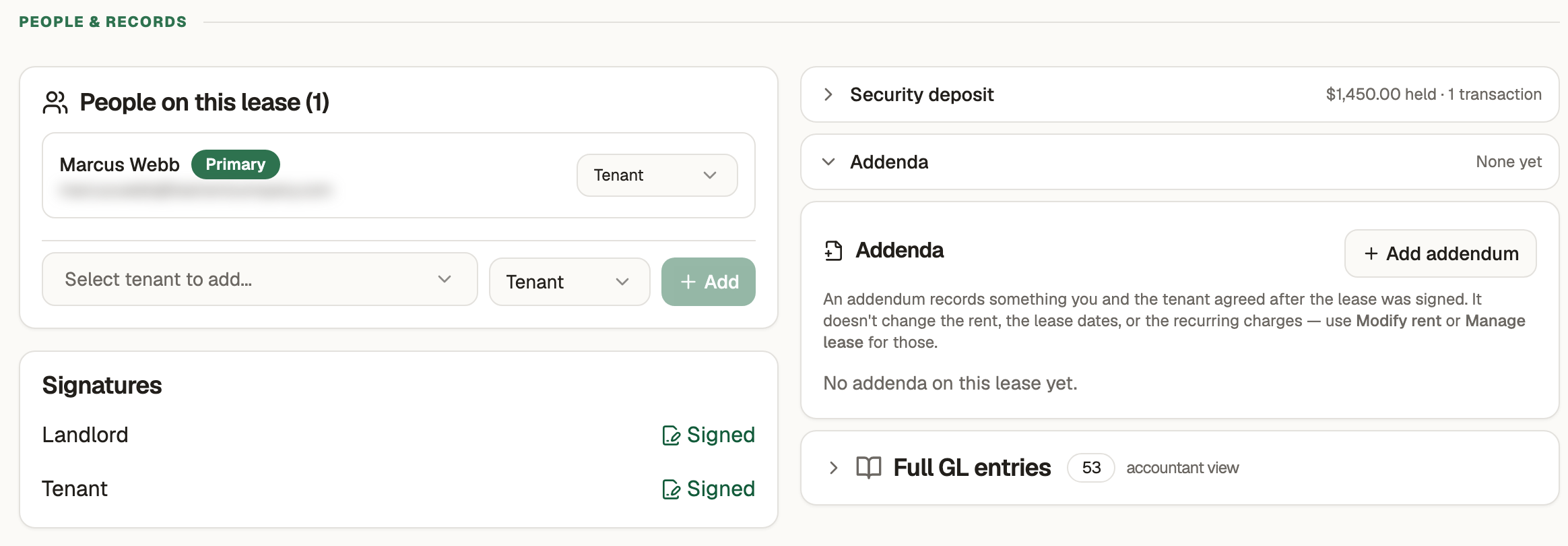 The Addenda card on a lease in Corbica